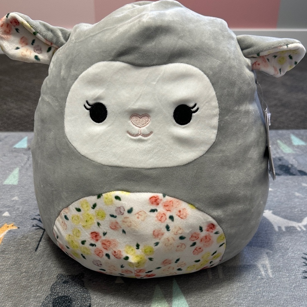 Squishmallow Gray and White Plush Sheep with Floral Accents 12"